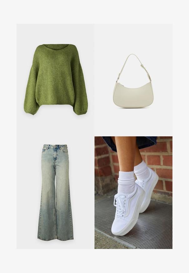 JDY JDYDINEA L/S REVERSIBLE PULLOV. KNT NOOS - Striktrøje - fern; Lyseblå vide jeans lavet af denim, med høj talje, bleget vask og sidelommer med synlige stikninger.; Hvide lærreds sneakers med gummisåler, der har seks snørehuller, rund tå og let sømdetaljer, krydret med hvide ankelstrømper.; Pieces PCALUANA SHOULDER BAG - Håndtasker - birch