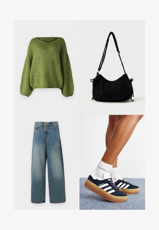 JDY Knitted JDYDINEA Knitted - Pullover - fern; Jeans en denim à jambes larges dans un délavage bleu clair. Dotés d'un zip et d'une fermeture à bouton, avec un délavage subtil pour un look usé.; Jambes portant des chaussettes blanches et des baskets Adidas Gazelle noires avec des bandes blanches et des semelles épaisses marron sur un sol recouvert de moquette grise.; Sac à épaule en velours côtelé noir avec une forme courbée, bandoulière réglable et fermetures à cordon des deux côtés pour un ajustement de taille.