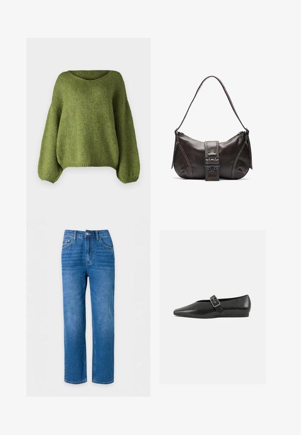 JDY JDYDINEA L/S REVERSIBLE PULLOV. KNT NOOS - Striktrøje - fern; Blå straight-leg denimjeans med knap- og lynlåslukning, for- og baglommer, vist mod en ensfarvet baggrund.; Sorte læder flade sko med spidse tæer, prydet med en metallisk spænde over vristen og en lav, fleksibel sål.; Brun læder skuldertaske med en buet form, der har et fremtrædende spænde, kontrasterende syninger og en enkelt skulderrem.