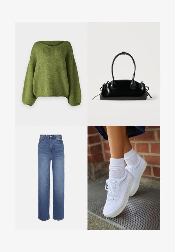 JDY JDYDINEA L/S REVERSIBLE PULLOV. KNT NOOS - Striktrøje - fern; Lyseblå denimjeans med højtaljet, lige ben, fem-lomme-design og subtile falmede detaljer i hele stoffet.; Hvide lærreds sneakers med gummisåler, der har seks snørehuller, rund tå og let sømdetaljer, krydret med hvide ankelstrømper.; Lille sort blank håndtaske med to lange håndtag og snøre-detaljer i siden på en ensfarvet lys baggrund.