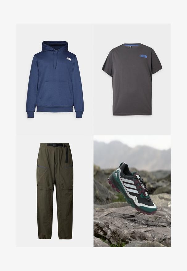Marineblå hættetrøje lavet af blødt stof, med en forreste kængurulomme, justerbar snørehætte og et lille hvidt logo på brystet.; Mørkegrå T-shirt med korte ærmer og rund hals med lille blå The North Face-logo på øverste venstre bryst mod hvid baggrund.; Oliven grønne, letvægts outdoorbukser med frontlynlåslommer og integreret sort justerbart bælte.; Trailrunningssko med sorte, hvide, grønne og bordeaux farver, svævende over stenede terræn med slørede bjerge i baggrunden.