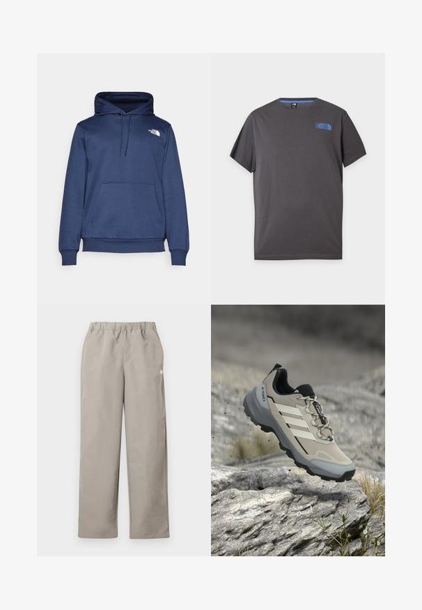 Navyblauwe hoodie van zacht materiaal, met een voorste kangoeroezak, verstelbare trekkoordkap en een klein wit logo op de borst.; Donkergrijs T-shirt met korte mouwen en ronde hals met een klein blauw The North Face-logo op de linker bovenborst tegen een witte achtergrond.; Beige rechte broek met elastische tailleband en een klein wit logo op het rechter zijnnaad.; Lichtgrijze en zwarte Adidas Terrex wandelschoen zwevend in de lucht boven rotsachtig terrein met kleine planten in een buitenomgeving.