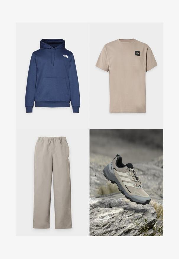 Marineblå hættetrøje lavet af blødt stof, med en forreste kængurulomme, justerbar snørehætte og et lille hvidt logo på brystet.; Beige kortærmet t-shirt med rund halsudskæring og lille sort The North Face-logo på øverste venstre bryst.; Beige bukser med lige ben, elastisk talje og en lille hvid logo på højre sidesøm.; Lysegrå og sorte Adidas Terrex vandresko svævende i luften over stenet terræn med små planter i udendørsmiljø.