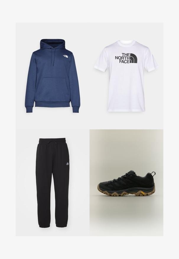 Navyblauwe hoodie van zacht materiaal, met een voorste kangoeroezak, verstelbare trekkoordkap en een klein wit logo op de borst.; Wit katoenen T-shirt met een zwart logo van "THE NORTH FACE" en een gebogen designelement. Korte mouwen en een ronde hals.; Zwarte sweatpants van zachte stof, met een elastische tailleband en trekkoord, smalle boorden bij de enkels en een klein logo op de bovenkant van de bovenbeen.; Zwarte wandelschoen met bruine, getextureerde Vibram-zool en een trek lus op de hiel, zijaanzicht op een neutrale achtergrond.