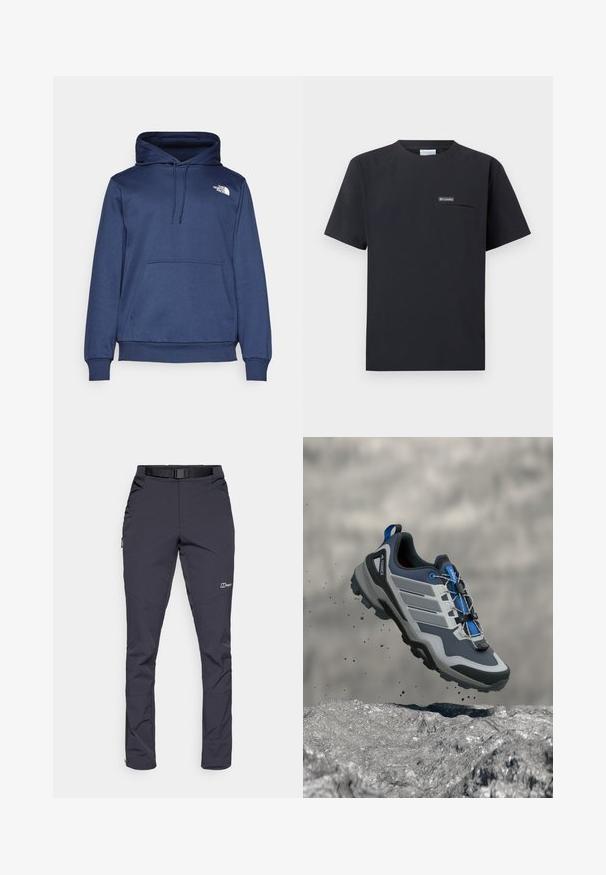 Marineblå hættetrøje lavet af blødt stof, med en forreste kængurulomme, justerbar snørehætte og et lille hvidt logo på brystet.; Sort kortærmet Columbia T-shirt med brystlomme med lynlås og lille logo patch, vist på en hvid baggrund.; Vandtætte bukser i mørkegrå farve, lavet af slidstærkt stof. Funktioner inkluderer et bælte, sidelommer og lynlåsede ankler.; Blå og grå vandresko med robust sål og hurtiglåsesystem svæver over stenoverflade, jordpartikler spredt nedenfor.
