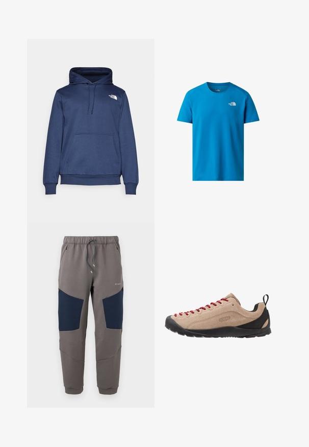 Marineblå hættetrøje lavet af blødt stof, med en forreste kængurulomme, justerbar snørehætte og et lille hvidt logo på brystet.; Blå kortærmet t-shirt lavet af glat stof, med et lille hvidt logo på venstre bryst. Klassisk crew neck design.; Grå joggingbukser med marineblå knæpaneler, elastisk taljebånd, snor, lynlåslommer og Columbia-logo på øverste lår.; Beige ruskind lavtop sko med røde snørebånd, sort gummisål og mesh-detaljer nær hælen for åndbarhed og komfort.