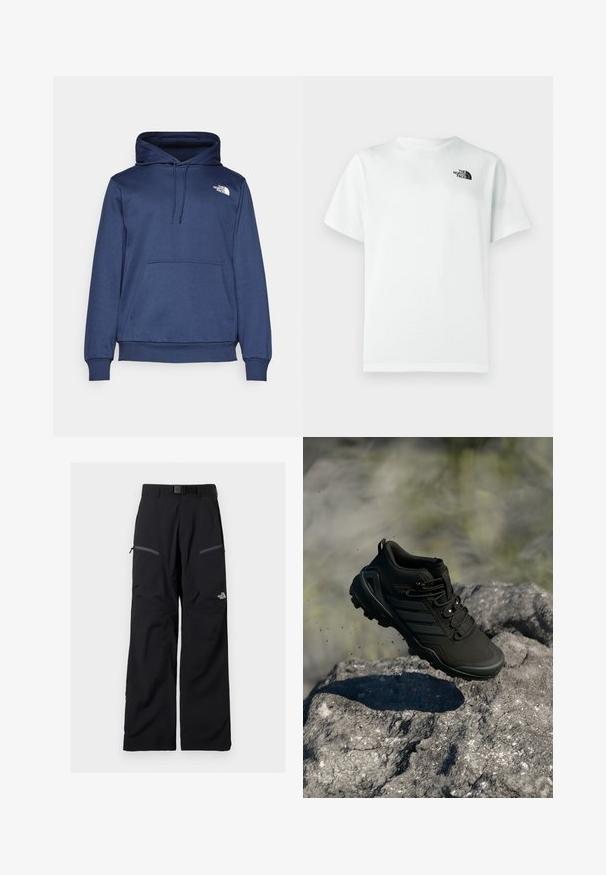 Marineblå hættetrøje lavet af blødt stof, med en forreste kængurulomme, justerbar snørehætte og et lille hvidt logo på brystet.; Hvid bomulds T-shirt med korte ærmer og rund halsudskæring, med en lille sort logo på venstre brystområde. Glat tekstur.; Sorte udendørsbukser med justerbart bælte, to lynlåslommer på lårene og The North Face-logo på højre ben.; Sort trail løbesko med robust sål svævende over en klippete overflade, jordpartikler synlige i udendørs omgivelser.