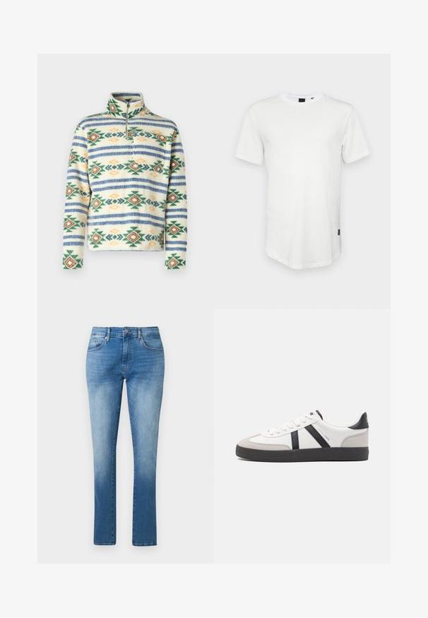 Jack & Jones Anorak Anorak - Φλις πουλόβερ - bright white; Λευκή κοντομάνικη μπλούζα φτιαγμένη από βαμβάκι, με στρογγυλή λαιμόκοψη και ελαφρώς μακρύτερη πλάτη, που διαθέτει μια μικρή λογότυπο λεπτομέρεια στο πλάι.; Μπλε τζιν με ίσια γραμμή, μέση μέση μέση, κούμπωμα με κουμπί και φερμουάρ και κλασικός σχεδιασμός με πέντε τσέπες.; Λευκό αθλητικό παπούτσι με μαύρες και γκρί λεπτομέρειες, featuring ένα υφή γκρί καλύμμα δαχτύλου, μαύρη καουτσούκ σόλα και επίπεδες λευκές κορδόνες. Καθαρός σχεδιασμός, μινιμαλιστικό στυλ.