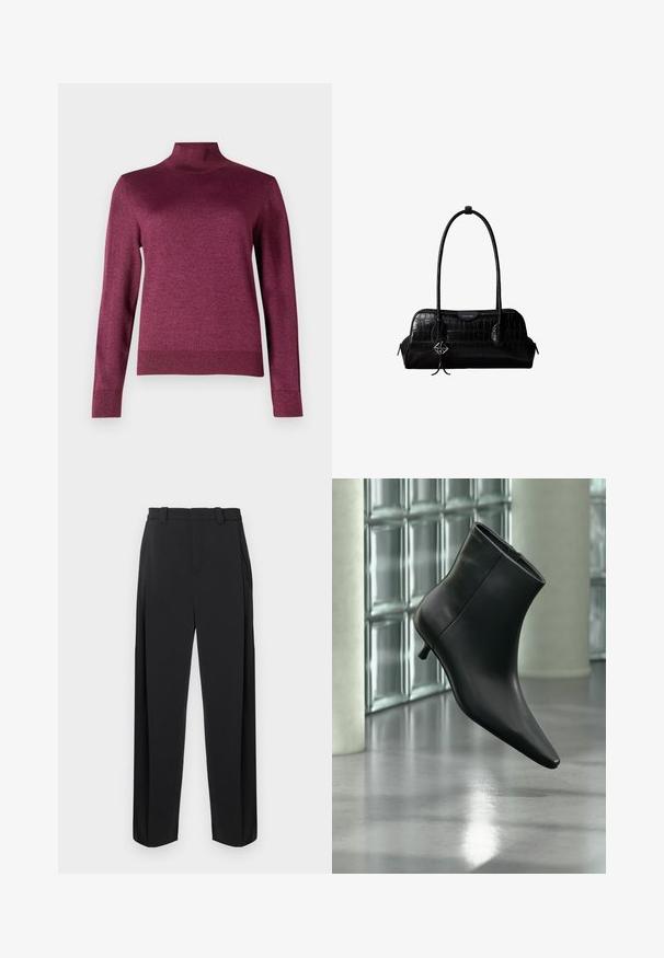 Pull à col roulé bordeaux avec des manches longues, fabriqué à partir d'un tissu texturé et scintillant ; design ajusté avec des poignets et un ourlet côtelés.; Pantalon noir à taille haute, devant plissé, jambes droites. Confectionné dans un tissu lisse, avec passants de ceinture et poches latérales.; Bottine en cuir noir à bout pointu et petit talon kitten, présentée en angle devant un sol poli et un mur en blocs de verre.; Sac à épaule en cuir noir à texture crocodile, avec de longues sangles et un petit charm logo argenté sur une sangle.