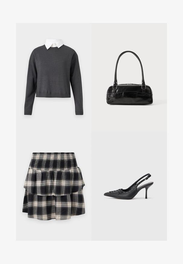 Pull cropped gris foncé avec manches longues, ourlet côtelé, et une chemise col blanc en dessous, présentant une texture lisse.; Jupe à volants à carreaux noir et blanc avec taille smockée. Avec des couches froncées et une texture douce en coton.; Escarpin en cuir noir à talon aiguille avec un bout pointu, une bride latérale à boucle, des clous le long du bord et un laçage décoratif à l'avant.; Sac à main en cuir noir de forme rectangulaire, doté d'une seule ansse structurée, de quincaillerie argentée et d'une fermeture éclair. Texture lisse.