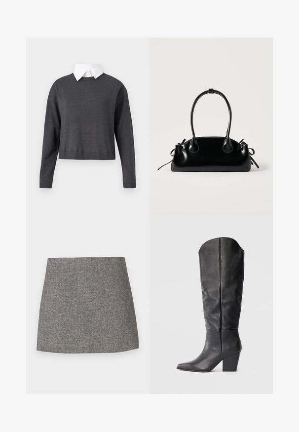 Pull cropped gris foncé avec manches longues, ourlet côtelé, et une chemise col blanc en dessous, présentant une texture lisse.; Jupe à motif chevrons en tissu gris, présentant une silhouette ajustée avec une texture lisse et un ourlet droit et net.; Bottes noires en cuir, montant jusqu'au genou, avec un bout pointu et un talon épais. Le design présente une texture lisse et des lignes minimalistes.; Petit sac à main noir brillant avec deux longues anses et des détails à cordon sur les côtés sur un fond clair uni.