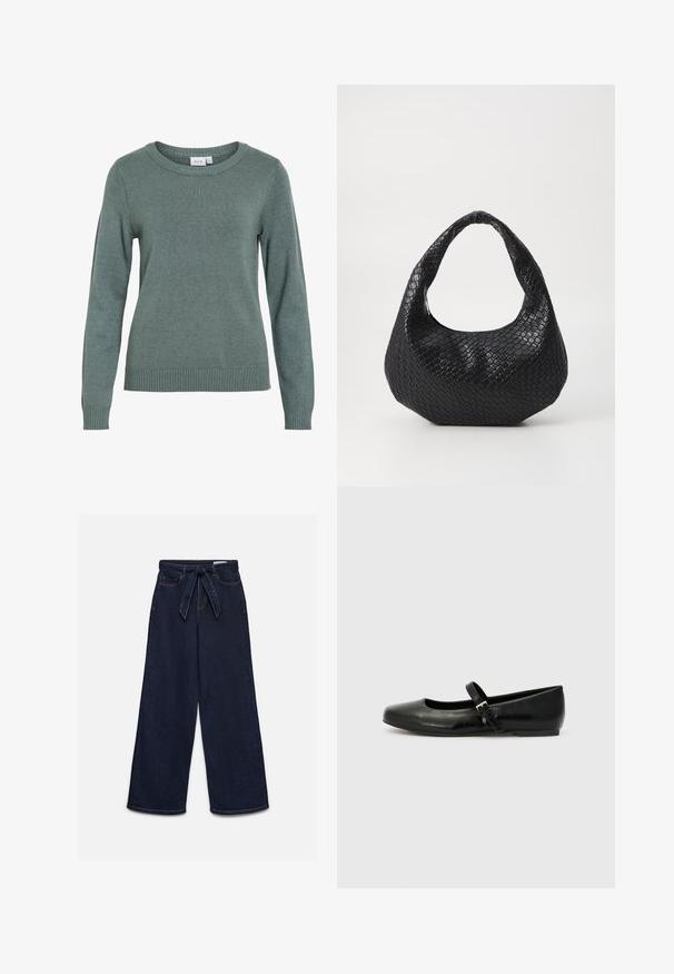 Pull en maille vert à manches longues avec encolure ronde et poignets et ourlet côtelés, présenté sur fond blanc.; Jean taille haute bleu foncé à jambes larges avec poches avant et ceinture en tissu assortie nouée à la taille.; Ballerines en cuir noir avec un bout arrondi, une semelle plate et une fine sangle ajustable sur le cou-de-pied avec une boucle en métal.; Sac à main tissé noir avec une poignée courbée, présentant une surface texturée et une forme décontractée. Fini lisse avec une silhouette organique.
