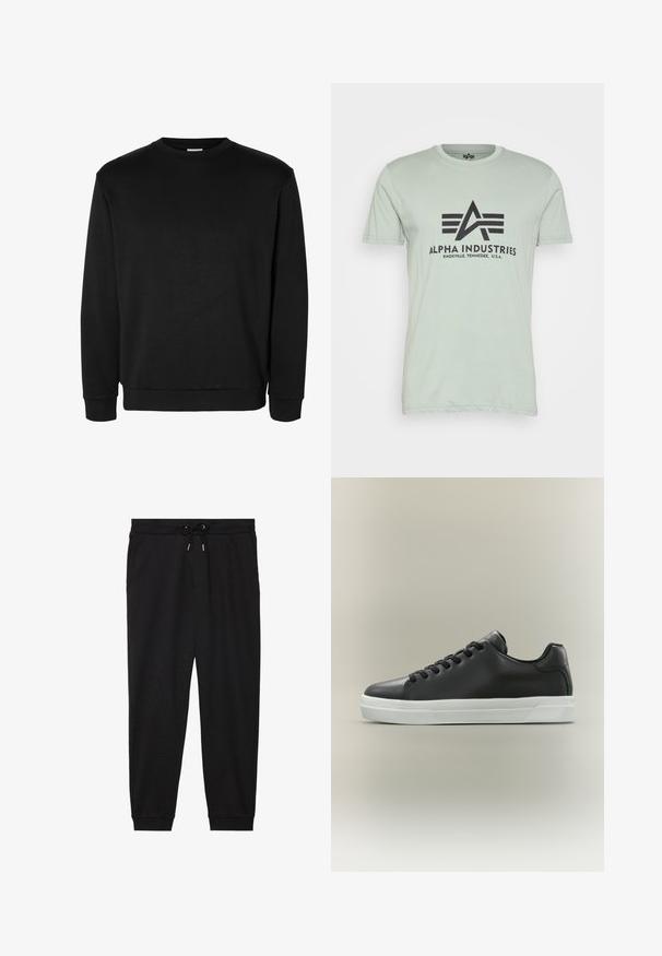 Sort langærmet sweatshirt med rund hals, ribkanter ved ærmer og bund, ensfarvet design uden synlige logoer eller mønstre.; Lysegrøn bomulds T-shirt med rund hals, korte ærmer og sort trykt "Alpha Industries" logo med ikoniske designelementer på forsiden.; Sorte joggerbukser lavet af blød stof, med elastisk talje, snøre og tætsiddende benafslutninger.; Sort lavtop sneakers i læder med sorte snørebånd og hvid gummisål på neutral baggrund, sidevisning.
