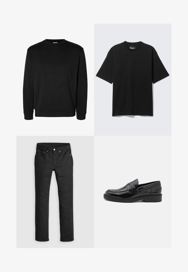 Schwarzer Langarm-Rundhalspullover mit gerippten Bündchen und Saum, schlichtes Design ohne sichtbare Logos oder Muster.; Schwarzes Baumwoll-T-Shirt mit kurzem Arm und lockerem Schnitt, Rundhalsausschnitt, vor einem schlichten hellen Hintergrund gezeigt.; Schwarze Jeanshose mit geradem Bein, ausgestattet mit einem Reißverschluss, fünf Taschen und Metallknopf-Akzenten. Glatte Textur.; Schwarze Lederloafers mit glatter Oberfläche, abgerundetem Zehenbereich, niedrigem Absatz und dekorativer Naht entlang der Vorderseite. Gummisohle für guten Halt.
