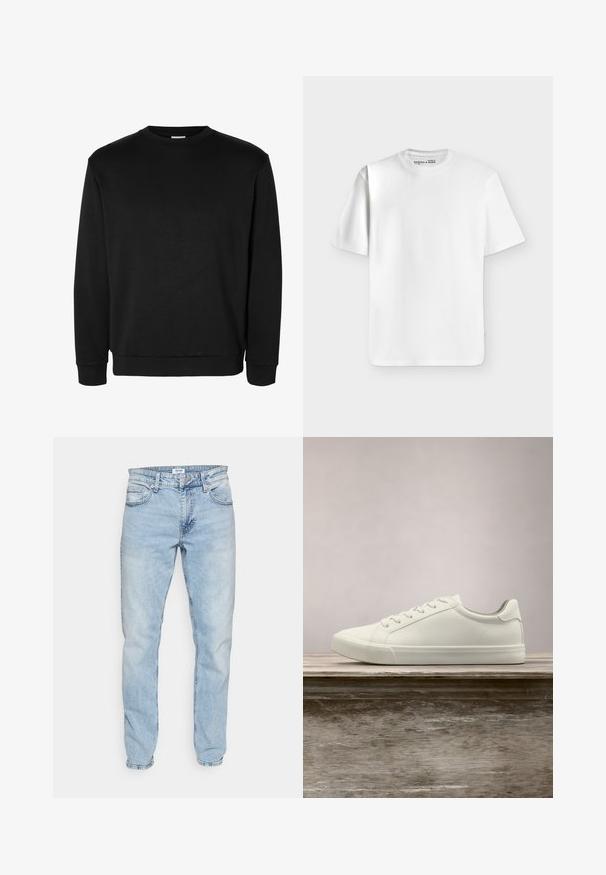 Sudadera negra de manga larga con cuello redondo, puños y bajo acanalados, diseño sencillo y sin logotipos ni estampados visibles.; Camiseta blanca lisa de manga corta y cuello redondo, colocada extendida sobre un fondo gris claro con una pequeña etiqueta de marca dentro del cuello.; Jeans de mezclilla de color azul claro, con un corte recto, diseño de cinco bolsillos y un ligero desgastado en toda la prenda para un aspecto usado.; Zapatilla blanca con cordones flotando sobre un banco de madera con follaje verde al fondo, mostrando el diseño y la textura del zapato.