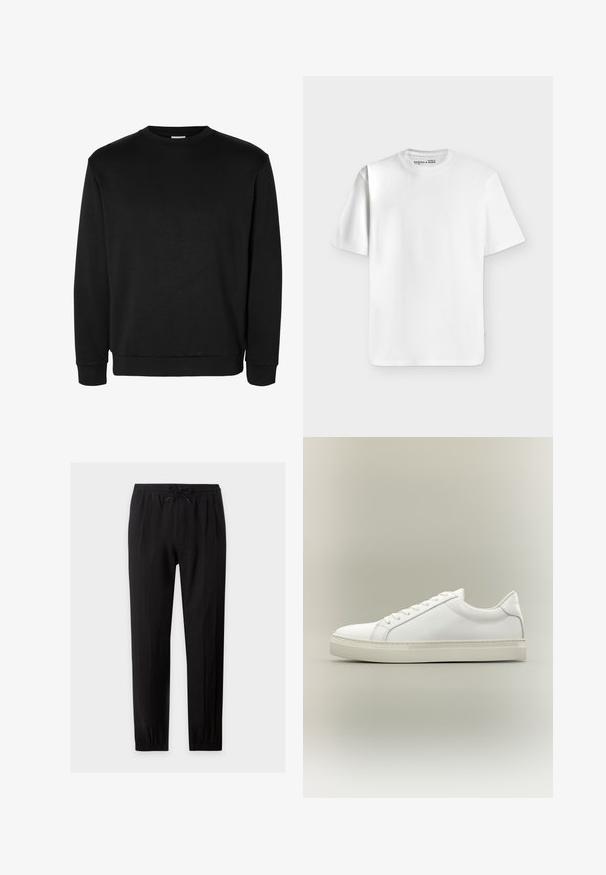 Sudadera negra de manga larga con cuello redondo, puños y bajo acanalados, diseño sencillo y sin logotipos ni estampados visibles.; Camiseta blanca lisa de manga corta y cuello redondo, colocada extendida sobre un fondo gris claro con una pequeña etiqueta de marca dentro del cuello.; Pantalones casual negros con cintura elástica y cordón, piernas rectas y puños elásticos en los tobillos.; Zapatilla blanca de perfil bajo con cordones en la parte delantera y suela gruesa, mostrada de lado sobre un fondo neutro.