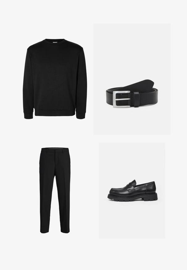 Must rihmikuga pullover ümara kraega, soonikkoes mansettide ja äärega, lihtsa disainiga, ilma nähtavate logode või mustriteta.; Mustad püksid siledast kangast, sirge lõikega, vöökohaga ja lamedate eespoolt, ilma nähtavate mustrite või kaunistusteta.; Must nahast loafer paksu soonilise tallaga ja mündirihma detailiga, näidatud parempoolse profiilina valgel taustal.; Must mustribal nahkrihm sileda tekstuuriga, hõbedane ristkülikukujuline pandla ja silmus otste jaoks. Omab korralikku õmblust servade ümber.