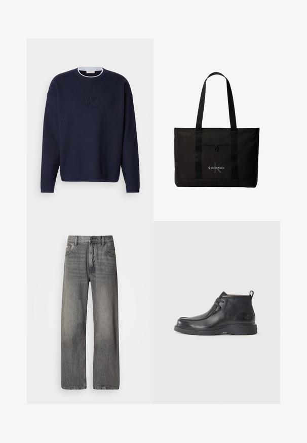 Pull en maille bleu marine avec un col rond, un col côtelé, et un subtil logo "ck" brodé à l'avant. Manches longues, coupe décontractée.; Jean à jambes larges en denim gris foncé avec une finition délavée. Dispose d'un design classique à cinq poches et de passants pour ceinture.; Bottes noires en cuir à talon arrondi, avec un design à lacets et une languette à l'arrière. Tige texturée et semelle en caoutchouc.; Sac cabas noir Calvin Klein avec deux longues poignées et une poche avant, avec le logo de la marque en blanc et gris.