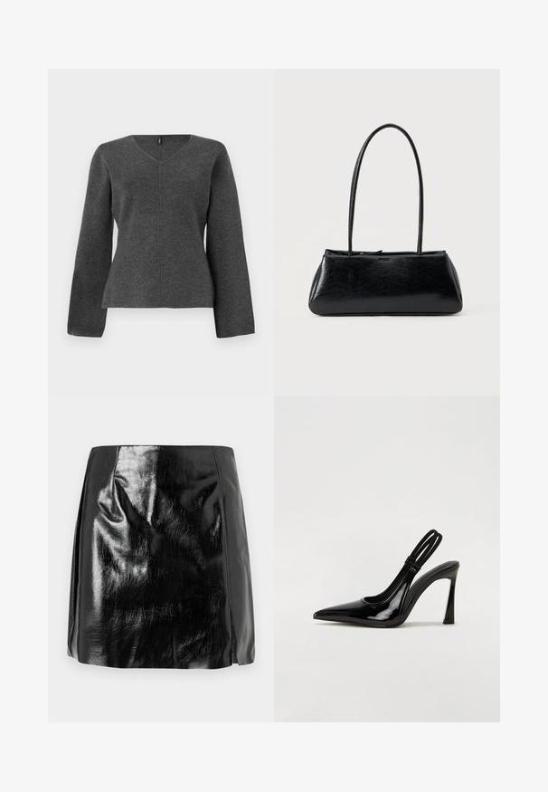 Top gris de punto de manga larga con escote en V, que presenta una silueta ajustada y costuras en el centro. Textura suave sin adornos.; Mini falda de cuero sintético negro brillante con detalles de costura sutiles y una ligera abertura frontal sobre un fondo blanco.; Zapato de tacón con tirante en negro de charol, punta afilada, tacón alto y delgado, y doble tira elástica para un ajuste seguro. Superficie suave y brillante.; Bolso de hombro rectangular negro con correas largas y delgadas y una textura lisa y brillante sobre un fondo liso.