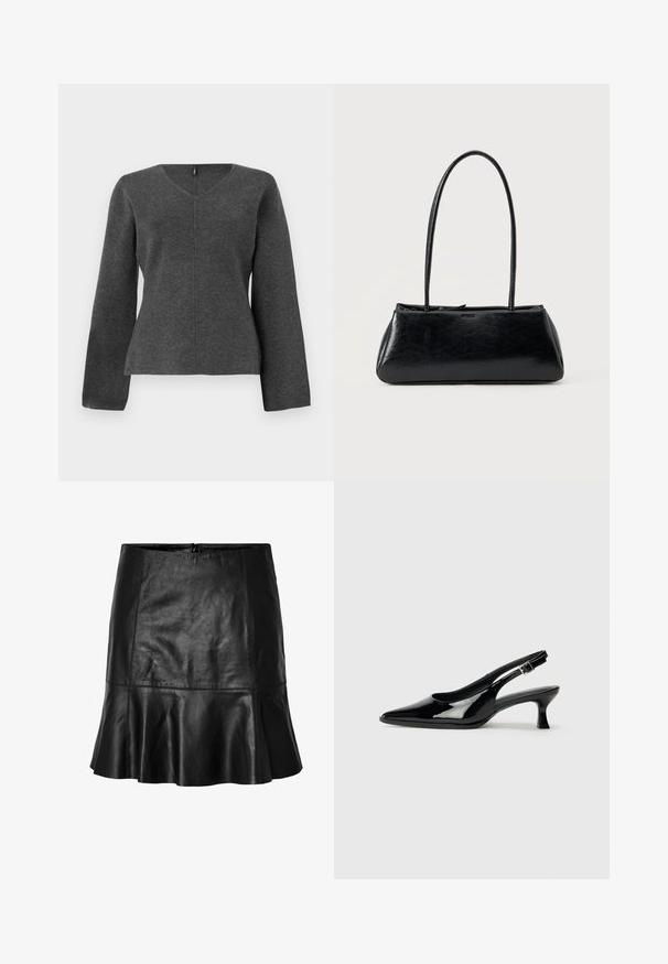 Haut en tricot gris à manches longues avec un col en V, présentant une silhouette ajustée et des détails de couture au centre. Texture douce sans ornements.; Jupe mini en cuir noir avec ourlet évasé et coutures visibles, dotée d'une fermeture éclair à l'arrière.; Escarpins en cuir verni noir avec un bout pointu et un petit talon carré. Sangle réglable à la cheville avec boucle.; Sac à épaule rectangulaire noir avec de longues bretelles fines et une texture lisse et brillante sur un fond uni.