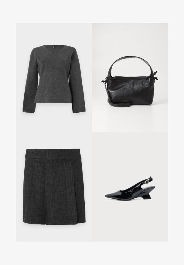 Haut en tricot gris à manches longues avec un col en V, présentant une silhouette ajustée et des détails de couture au centre. Texture douce sans ornements.; Jupe noire plissée en tissu texturé. Ceinture mi-haute avec des lignes épurées. Coupe classique adaptée à diverses occasions.; Chaussure slingback en cuir verni noir avec bout pointu et petit talon bloc incliné sur fond clair uni.; Sac à main en cuir noir au design structuré, avec une poignée arrondie et une bandoulière amovible. Présente une texture lisse et un éclat subtil.