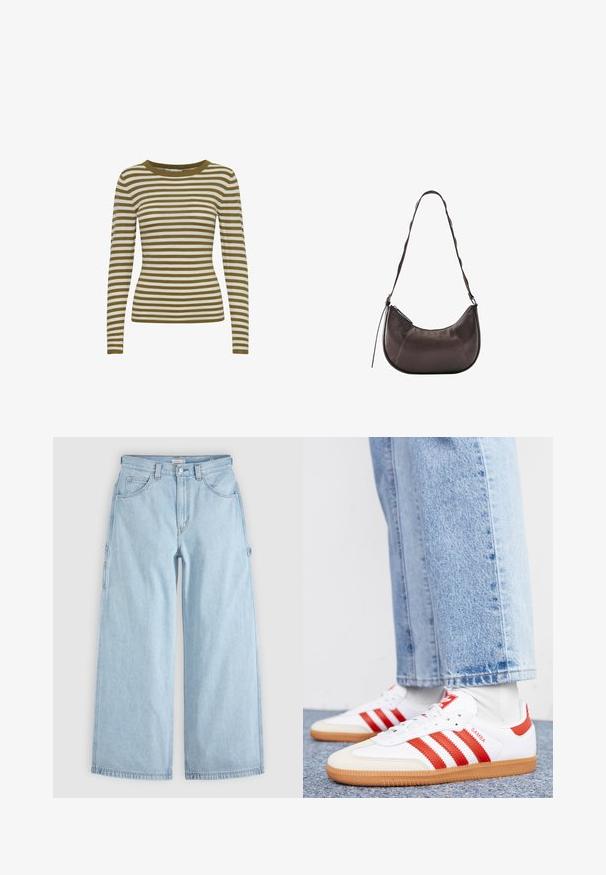 Pull à manches longues rayé en vert olive et crème. Il présente un col rond et une texture côtelée. Design ajusté.; Jean en denim bleu clair à jambes larges avec poches avant, passants de ceinture et boucles latérales pour outils, posé à plat sur un fond gris.; Baskets en cuir blanc avec des rayures et des accents rouges. Dotées d'une semelle extérieure en gomme texturée et d'un col rembourré. Portées avec un jean en denim bleu clair.; Sac à épaule en cuir marron foncé avec fond incurvé, bandoulière réglable, fermeture éclair et piqûres décoratives.