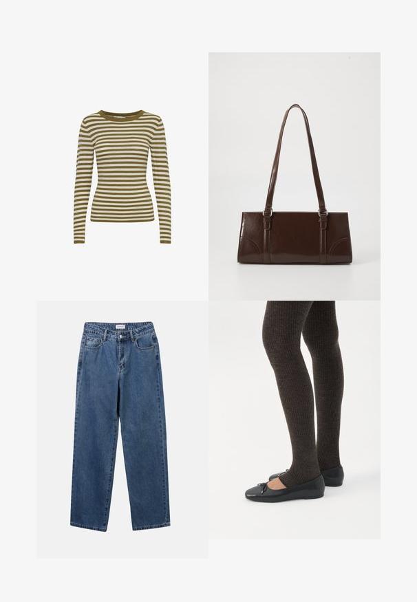 Langærmet stribet sweater i olivengrøn og creme. Har rund hals og ribbet tekstur. Tætsiddende design.; Klassiske blå denimbukser med lige ben, fem lommer og knaplukning. Har en medium vask og en robust tekstur.; Ben iført mørke ribbede leggings kombineret med sorte balletsko med små sløjfedetaljer på hvid baggrund.; Brun lakeret håndtaske med rektangulær form, to lange håndtag og subtile buede detaljer på fronten.