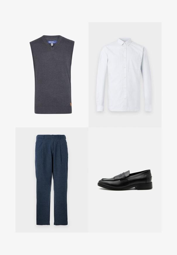 Suéter sin mangas gris con cuello en V, hecho de una tela de punto suave. Presenta un dobladillo acanalado y un pequeño parche de logo en el costado.; Camisa de manga larga con botones y finas rayas verticales en azul claro y blanco, con bolsillo en el pecho y cuello abotonado.; Pantalones azul oscuro hechos de tejido texturizado, con pliegues, un cierre de botón y un diseño de pierna recta.; Mocasín negro de cuero para hombre con detalle de borlas, punta redondeada, tacón bajo y acabado liso y pulido, mostrado de lado sobre un fondo blanco.