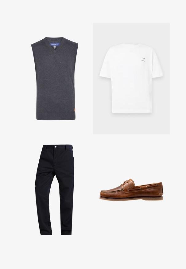 Suéter sin mangas gris con cuello en V, hecho de una tela de punto suave. Presenta un dobladillo acanalado y un pequeño parche de logo en el costado.; Camiseta de algodón blanca con un corte relajado, mangas cortas y escote en V. Presenta dos pequeños logotipos negros impresos en el lado izquierdo.; Pantalones de un azul marino oscuro, confeccionados en una mezcla de algodón, con un diseño de pierna recta, cierre con cremallera y un único bolsillo frontal con botón de metal.; Zapato de barco de cuero marrón con acentos de costura, con ojales de metal, una costura elevada en la puntera y una suela de goma plana.