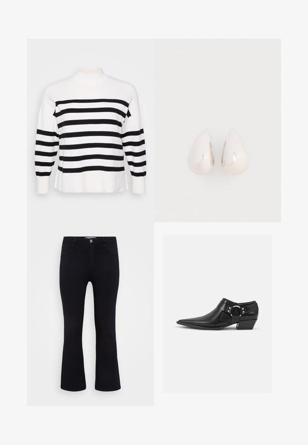 Zwart-wit gestreepte trui met een hoge halslijn, geribbelde manchetten en een relaxte pasvorm. Zachte, gebreide textuur met gelijkmatige horizontale patronen.; ONLY Carmakoma Flared fit CARTHUNDER Mid waist - Flared Jeans - black denim; Zwarte leren enkellaarzen met een spitse neus, voorzien van een leren band aan de voorkant en een zilveren gesp detail, en een lage, blokhak.; Zilveren metalen druppeloorbellen met een gladde, reflecterende oppervlakte en een druppelvorm, voorzien van een naadloos ontwerp en zonder zichtbare versieringen.