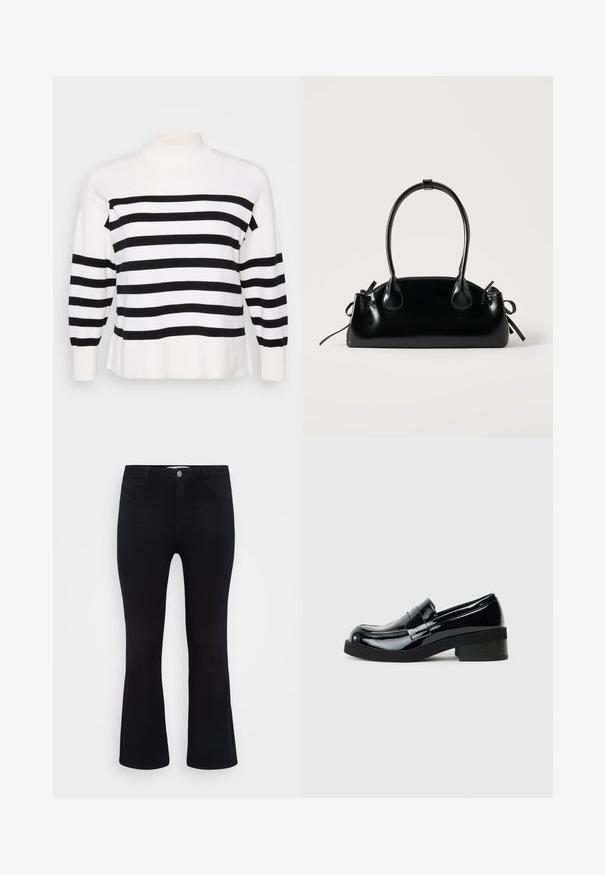 Pull à rayures noir et blanc avec un col montant, des poignets côtelés et une coupe décontractée. Texture douce en tricot avec des motifs horizontaux réguliers.; ONLY Carmakoma Flared fit CARTHUNDER Mid waist - Jean flare - black denim; Mocassins en cuir verni noir avec un bout rond, un petit talon carré et une finition lisse et brillante. Présente une sangle décorative à l'avant.; Petit sac à main noir brillant avec deux longues anses et des détails à cordon sur les côtés sur un fond clair uni.