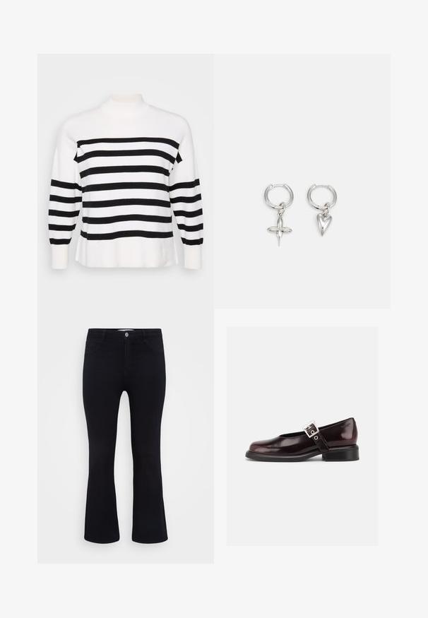 Schwarz-weiß gestreifter Pullover mit hohem Kragen, gerippten Bündchen und lockerer Passform. Weicher, gestrickter Stoff mit gleichmäßigen horizontalen Mustern.; ONLY Carmakoma Flared fit CARTHUNDER Mid waist - Flared Jeans - black denim; Ein einzelner glänzender dunkelburgunder Mary Jane Schuh mit breitem Riemen und silberner Schnalle, niedrigem Blockabsatz und abgerundeter Spitze auf weißem Hintergrund.; Silberne Creolen mit einem Kreuz- und Herz-Anhänger. Glatte, glänzende Textur mit polierter Oberfläche. Jeder Anhänger hängt an einem sicheren Ring.