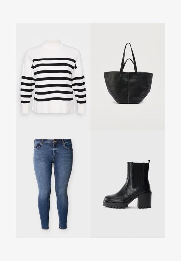 Bluse med sorte og hvide striber og høj hals, ribbede manchetter og afslappet pasform. Blød, strikket tekstur med ensartede vandrette mønstre.; Smaltsiddende jeans lavet af mørkeblå denim med fem-lomme-design, bæltestropper og frynset kant ved anklerne. Sømme detaljer er synlige.; Sort læder ankelstøvle med kraftig blokhæl, elastisk sidepanel og trækstrop på en ensfarvet lys baggrund.; Sort lædertaske med to håndtag og kontrastfuld hvid syning, med en bred, struktureret form og detaljer med central søm.