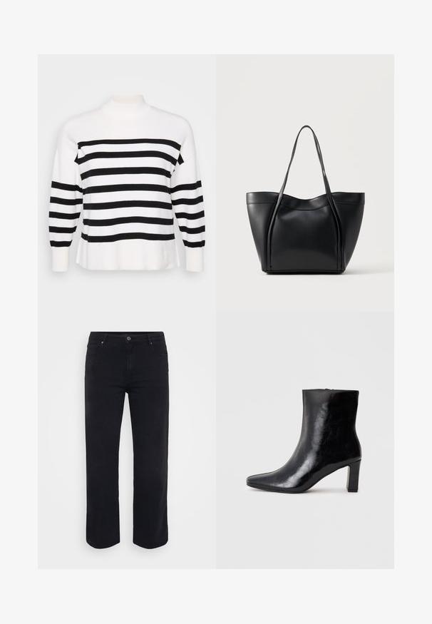 Suéter a rayas en blanco y negro con cuello alto, puños acanalados y ajuste relajado. Textura suave y de punto con patrones horizontales uniformes.; Jeans de denim negro con un diseño de pierna recta. Las características incluyen un cierre de botón en la cintura, trabillas para cinturón y bolsillos delanteros y traseros. Textura suave.; Botín negro de tobillo hecho de cuero brillante, con punta afilada y un tacón de bloque medio, con una textura suave y un diseño sencillo.; Bolso tote de cuero negro con dos asas largas y un borde superior ligeramente curvado, mostrado sobre un fondo claro y liso.
