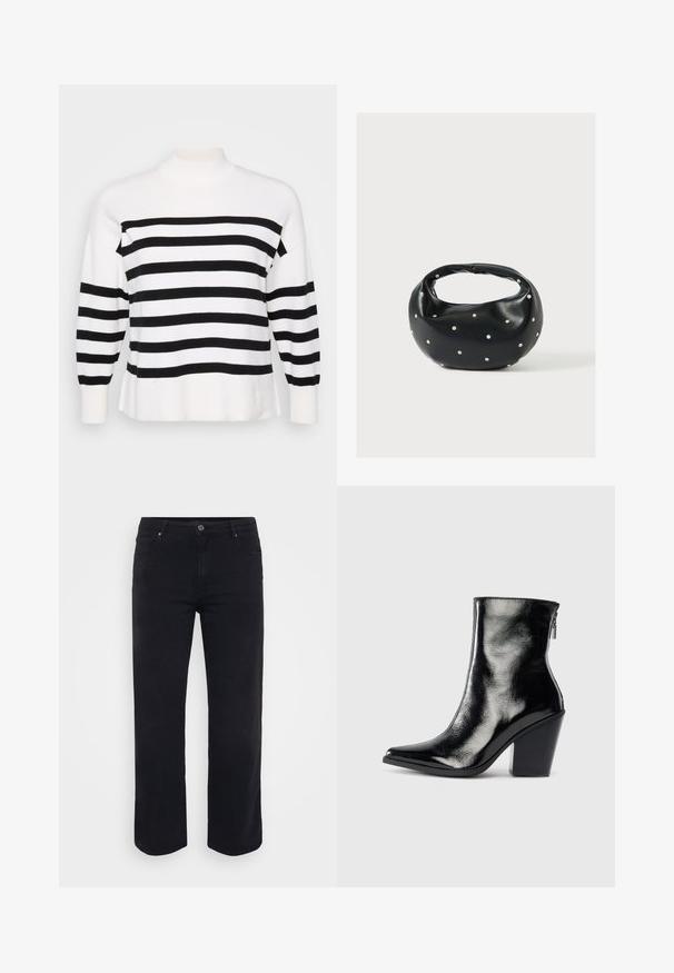 Bluse med sorte og hvide striber og høj hals, ribbede manchetter og afslappet pasform. Blød, strikket tekstur med ensartede vandrette mønstre.; Sorte denimjeans med lige ben-design. Funktioner inkluderer en knaplukning i taljen, bæltestropper og front-/baglommer. Glat tekstur.; Sorte læder ankelstøvler med en blank finish, spidse tæer og blokhæle. Har en sidezipper for nem på- og aftagning.; Sort læderhåndtaske med en rundet form, dekoreret med sølvnitter, og et kort håndtag. Glat tekstur og lynlåslukning.