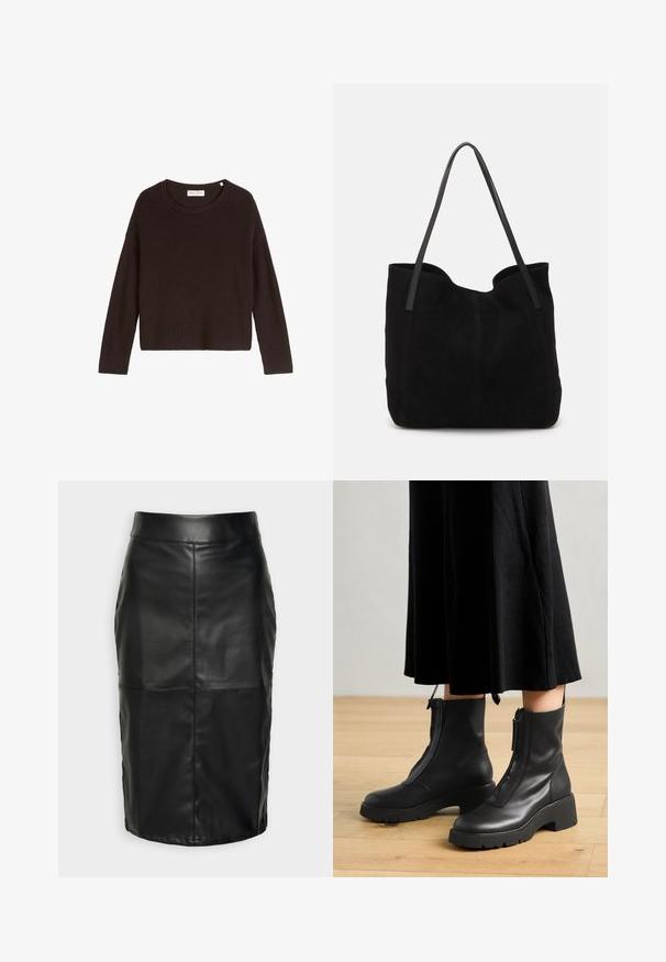 Pull en tricot noir à côtes avec un col arrondi et des manches longues. Présente une coupe ample et une surface texturée. Marque : Mare O'Polo.; Jupe en cuir noir avec une texture lisse, présentant une taille haute et des coutures piquées qui créent une silhouette structurée et discrète.; Bottines en cuir noir avec une semelle plateforme épaisse et une fermeture éclair à l'avant. Texture lisse avec un design minimaliste.; Sac fourre-tout en suède noir avec deux longues anses en cuir plates. Présente un bord supérieur incurvé et des coutures visibles sur le devant. Pas d'accents en métal.