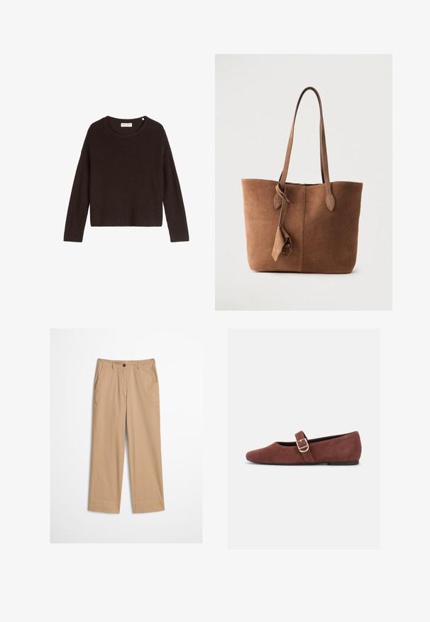 Pull en tricot noir à côtes avec un col arrondi et des manches longues. Présente une coupe ample et une surface texturée. Marque : Mare O'Polo.; Pantalon beige en coton avec jambes droites, fermeture à bouton sur le devant et texture lisse. Comprend des passants de ceinture standard et un design à l'avant plat.; Chaussure plate Mary Jane en suède marron avec une bride à boucle dorée et une semelle noire sur fond blanc.; Sac fourre-tout en daim marron avec deux bretelles, un design simple et un détail de gland sur le côté. Texture lisse et forme structurée.