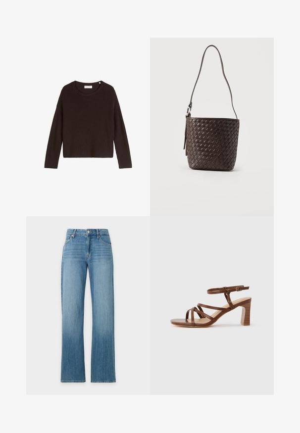 Pull en tricot noir à côtes avec un col arrondi et des manches longues. Présente une coupe ample et une surface texturée. Marque : Mare O'Polo.; Jean en denim bleu clair avec une taille haute, des jambes droites larges, des poches avant, et une fermeture par bouton et zip à l'avant.; Sandale en cuir marron à lanières avec un talon bloc et une boucle de cheville réglable sur un fond clair uni.; Sac seau en cuir tressé marron foncé avec une seule bandoulière ajustable et un détail de boucle en métal argenté.