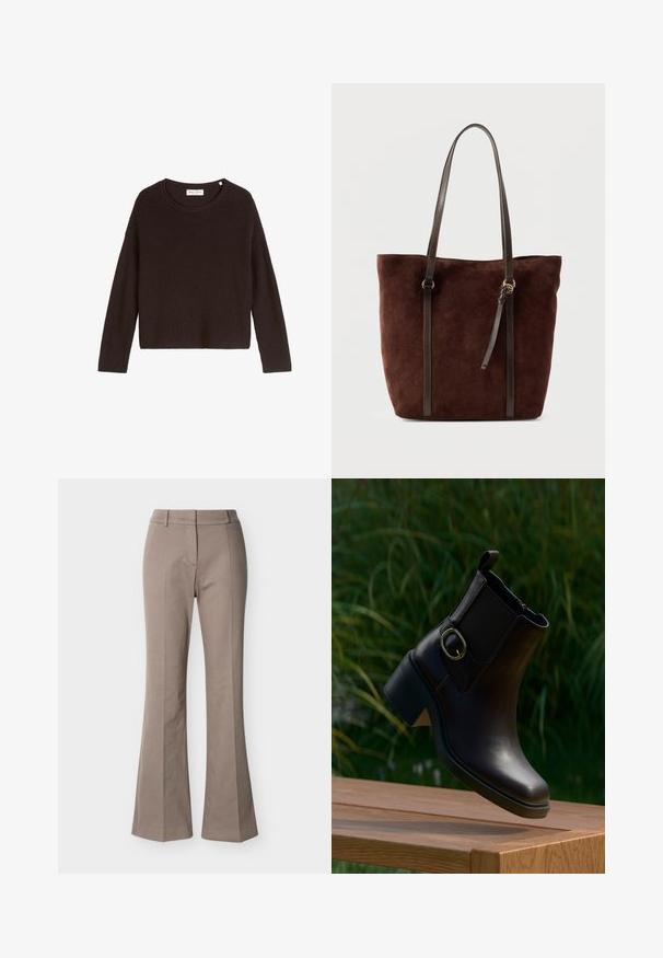 Pull en tricot noir à côtes avec un col arrondi et des manches longues. Présente une coupe ample et une surface texturée. Marque : Mare O'Polo.; Pantalon beige taille haute à jambes larges, avec détails de couture à l'avant, passants de ceinture et fermeture frontale cachée, présenté sur un fond blanc.; Bottine en cuir noir avec un petit talon et une boucle latérale flottant au-dessus d'une surface en bois en extérieur avec un fond de feuillage vert.; Sac cabas en daim brun foncé avec de longues poignées fines en cuir et un petit pompon en cuir sur fond uni.