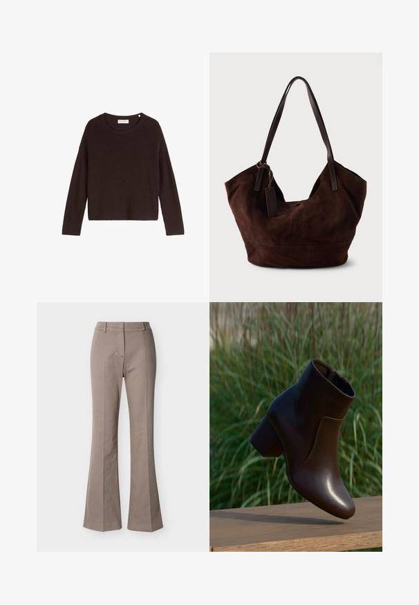Pull en tricot noir à côtes avec un col arrondi et des manches longues. Présente une coupe ample et une surface texturée. Marque : Mare O'Polo.; Pantalon beige taille haute à jambes larges, avec détails de couture à l'avant, passants de ceinture et fermeture frontale cachée, présenté sur un fond blanc.; Bottine en cuir marron foncé à talon bloc flottant au-dessus d'une surface en bois, avec un arrière-plan flou d'herbe verte.; Handbag en cuir suédé marron avec une forme douce et souple. Doté de poignées en cuir et d'une étiquette décorative. Texture plain avec des coutures courbes.