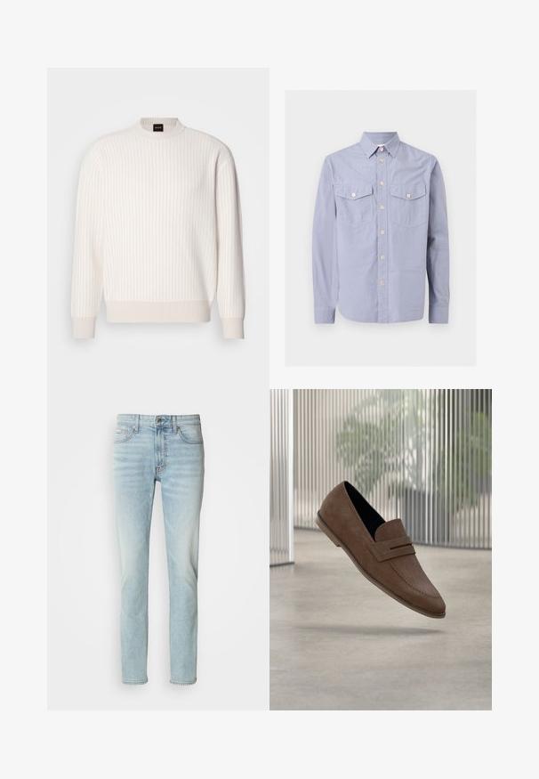 Hvid ribbet sweater med rund halsudskæring og lange ærmer. Har et tekstureret stof med en blød finish og subtile vandrette linjer.; Lyseblå langærmet skjorte med knapper, med spids krave og to brystlommer med knap, vist på ensfarvet baggrund.; Lys blå jeans lavet af denim, med lige ben design, mellem høj talje og diskret slid. Indeholder fem lommer og metalknap.; Brune ruskind loafers med en glat finish, syningsdetaljer og rundet tådesign. Forhøjet sål og slip-on stil.