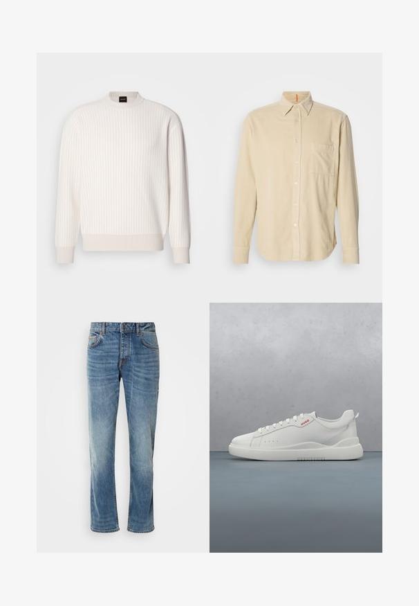 Suéter blanco de canalé con escote redondo y mangas largas. Presenta una tela texturizada con un acabado suave y sutiles líneas horizontales.; Camisa de manga larga de pana beige con cuello, bolsillo frontal, cierre de botones y textura de líneas verticales. Dobladillo redondeado y puños con botones.; Jeans de denim azul claro con piernas rectas, cinco bolsillos, costuras en contraste y un acabado desgastado. Cuenta con un cierre de botón y cremallera.; Zapatilla blanca con un acabado de cuero liso, punta redonda, cuatro ojales, perforaciones sutiles y un detalle de logo rojo en el lateral.