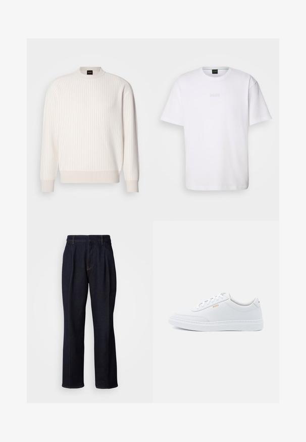 Suéter blanco de canalé con escote redondo y mangas largas. Presenta una tela texturizada con un acabado suave y sutiles líneas horizontales.; Camiseta de algodón blanca de manga corta, con escote redondo y logotipo grabado de "BOSS" en el pecho. Textura suave, ajuste estándar.; Jeans de mezclilla de pierna ancha en un tono azul oscuro, con pliegues frontales y costuras naranjas, presentados sobre fondo blanco.; Zapatillas de cuero blanco con textura suave, puntera redondeada y costuras tonales. Cuentan con cordones azules y un logo dorado en el lateral.