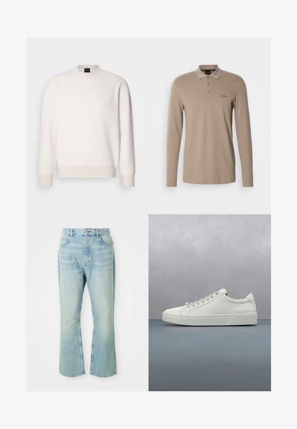 Suéter blanco de canalé con escote redondo y mangas largas. Presenta una tela texturizada con un acabado suave y sutiles líneas horizontales.; Camisa polo de manga larga en color beige claro, fabricada en algodón suave. Presenta un cuello clásico, tapeta de tres botones y un logotipo bordado.; Jeans de mezclilla de color azul claro, acampanados y de cintura alta, con cinco bolsillos, trabillas para el cinturón y un acabado desgastado.; Zapatilla blanca de cuero con punta redondeada, diseño minimalista, cordones grises y suela de goma texturizada gris. Detalles de costura sutiles visibles.