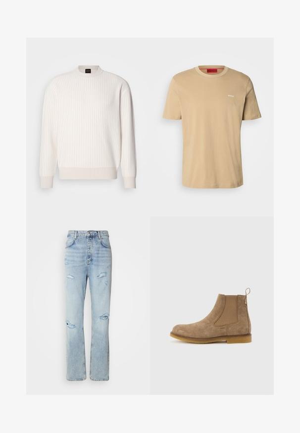 Suéter blanco de canalé con escote redondo y mangas largas. Presenta una tela texturizada con un acabado suave y sutiles líneas horizontales.; Camiseta de algodón beige con cuello redondo, mangas cortas y un pequeño logo blanco "HUGO" en el pecho. Textura suave sin patrones.; Jeans de mezclilla de lavado claro con un corte relajado, que presentan áreas desgastadas y bordes deshilachados. La tela tiene una textura suave y lisa.; Bota Chelsea de ante marrón claro con paneles laterales elásticos, lengüeta en el talón y suela de caucho.