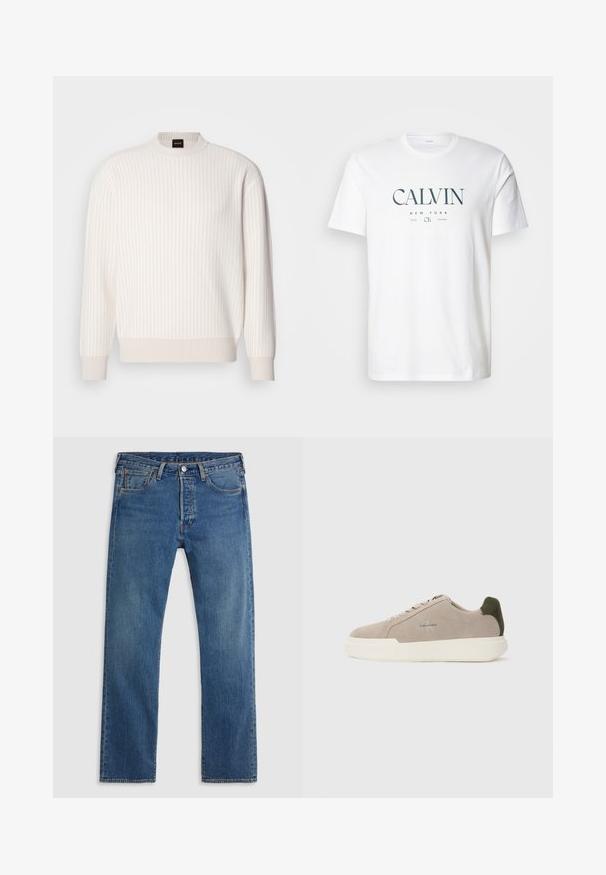 Pull blanc à côtes, avec un col rond et des manches longues. Il présente un tissu texturé avec une finition douce et de subtils lignes horizontales.; T-shirt en coton blanc avec un motif graphique portant les inscriptions « CALVIN », « NEW YORK » et « 1968 » en vert foncé. Col rond, manches courtes.; Jean en denim bleu à jambe droite avec cinq poches, passants de ceinture, et une fermeture avant à bouton et fermeture éclair sur fond uni.; Baskets en suède beige avec une semelle en caoutchouc blanche, présentant un accent de talon vert foncé et une branding subtile sur le côté.
