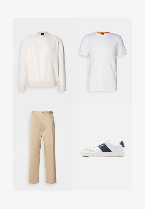 Suéter blanco de canalé con escote redondo y mangas largas. Presenta una tela texturizada con un acabado suave y sutiles líneas horizontales.; Camiseta de algodón blanca con cuello redondo, mangas cortas y un sutil logo en relieve en el pecho. La etiqueta interior tiene un acento naranja.; Pantalones beige hechos de una tela ligera, con un diseño de pierna recta, cinturilla con trabillas y un solo botón en la parte frontal.; Zapatilla blanca de corte bajo con raya lateral azul marino, logo "BOSS", puntera beige y suela blanca, mostrada de perfil sobre un fondo claro.
