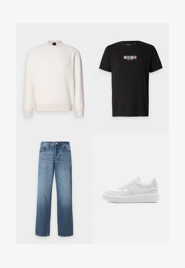 Pull blanc à côtes, avec un col rond et des manches longues. Il présente un tissu texturé avec une finition douce et de subtils lignes horizontales.; T-shirt en coton noir présentant un graphisme sur le devant de quatre motifs géométriques colorés avec le texte "BRAVE SOUL EST. 1972" au centre.; Jean en denim bleu avec une coupe droite, présentant un délavage, des passants de ceinture, cinq poches et une fermeture à bouton classique.; Baskets plateforme blanches en cuir texturé avec une finition lisse, dotées de lacets, d'une semelle surélevée et d'une marque dorée sur le talon.