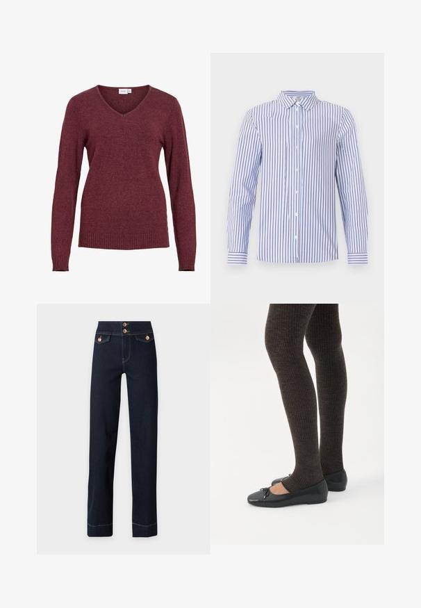 Pull bordeaux à manches longues avec col en V, poignets et ourlet côtelés, confectionné dans un tissu tricoté doux.; Chemise bleu clair à manches longues avec des rayures verticales rouge foncé, boutonnée sur le devant et poignets rayés sur un fond uni.; Jean bleu foncé taille haute avec jambes droites, boutons en cuivre, poches à rabat à l'avant et coutures jaunes visibles.; Jambes portant des leggings côtelés foncés associés à des ballerines noires avec de petits détails en nœud sur fond blanc.