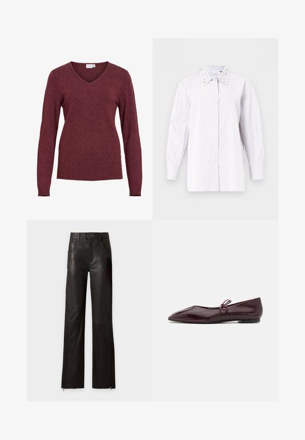 Pull bordeaux à manches longues avec col en V, poignets et ourlet côtelés, confectionné dans un tissu tricoté doux.; Chemise blanche à manches longues avec boutons, rayures fines verticales grises et détails décoratifs sur le col, présentée sur un fond uni.; Pantalon en cuir noir avec poches avant, taille à double bouton et fermetures éclair au bas des jambes droites.; Ballerines en cuir verni bordeaux avec un bout pointu et un nœud décoratif violet sur le cou-de-pied ; design à semelle plate.